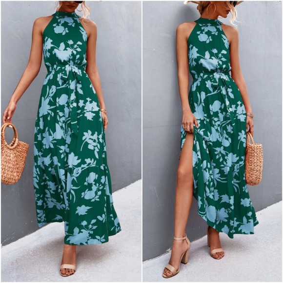 BellanBlue Dresses & Skirts - Boho Green Floral Print Halter Maxi Dress Cottagecore